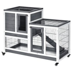 Wooden Rabbit Hutch Elevated Bunny Cage Indoor Small Animal Habitat with Enclosed Run with Wheels, Ramp, Removable Tray for Rabbits, Chickens, D (Option: Gray, White-1105x220x630 mm)