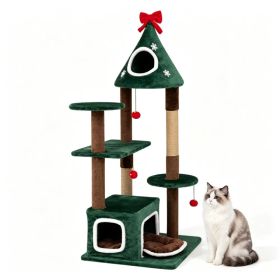 54" Green Christmas Cat Tree with Dual Condos, Jute Scratching Posts, Bell Balls & Anti-Toppling Device, Multi-Level Holiday Cat Tower (Option: default title)